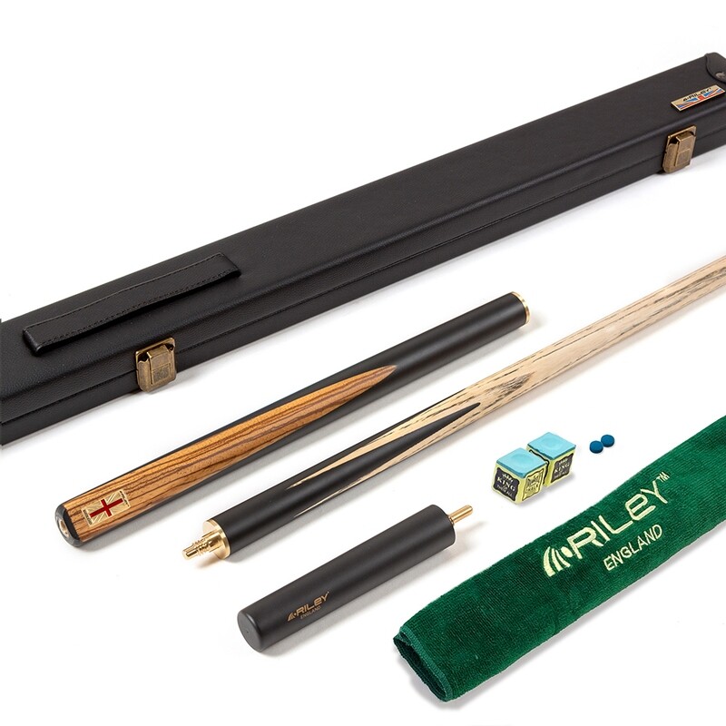 Riley England 3 Piece Snooker Cue and Hard Case 3/4 Cut- Layered Ebonised Black Wood Butt with 9.5mm Tip - 145cm - Black/ Dark Wood