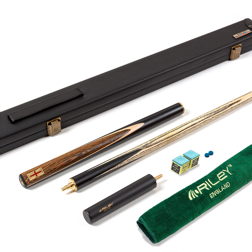 Riley England 3 Piece Snooker Cue and Hard Case 3/4 Cut- Layered Ebonised Black Wood Butt with 9.5mm Tip - 145cm - Black/ Dark Wood