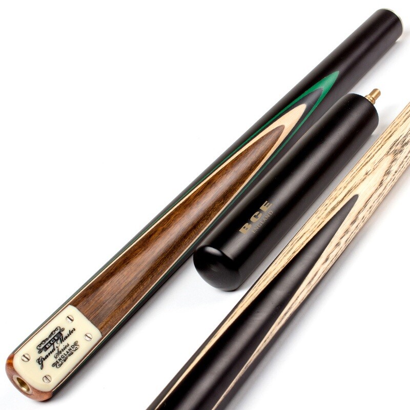 BCE 3 Piece Grand Master Snooker Cue and Hard Case 3/4 Cut- Layered Ebonised Black Wood Butt  - 9.5mm Tip - 145cm - Black/Natural/ Green