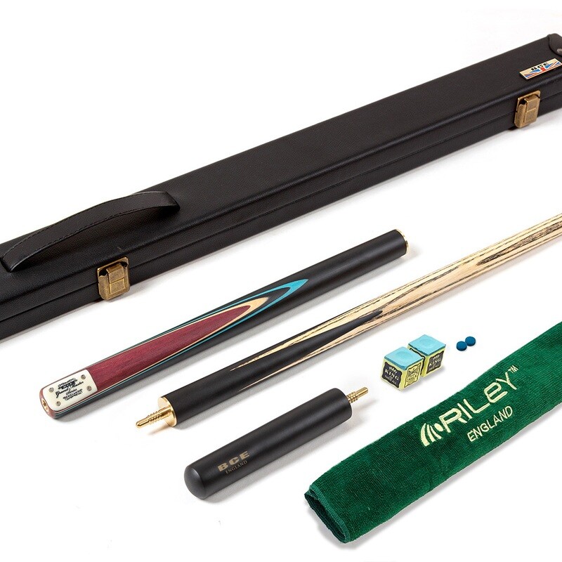 BCE 3 Piece Grand Master Snooker Cue and Hard Case 3/4 Cut- Layered Ebonised Black Wood Butt - 9.5mm Tip - 145cm - Black/Natural/ Blue