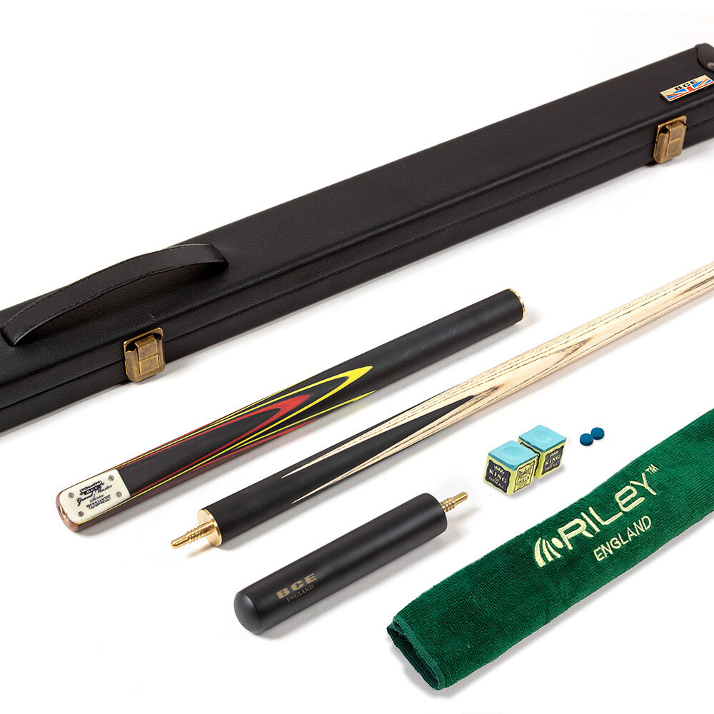 BCE 3 Piece Grand Master Snooker Cue and Hard Case 3/4 Cut- Layered Ebonised Black Wood Butt  - 9.5mm Tip - 145cm - Black/Red/ Yellow