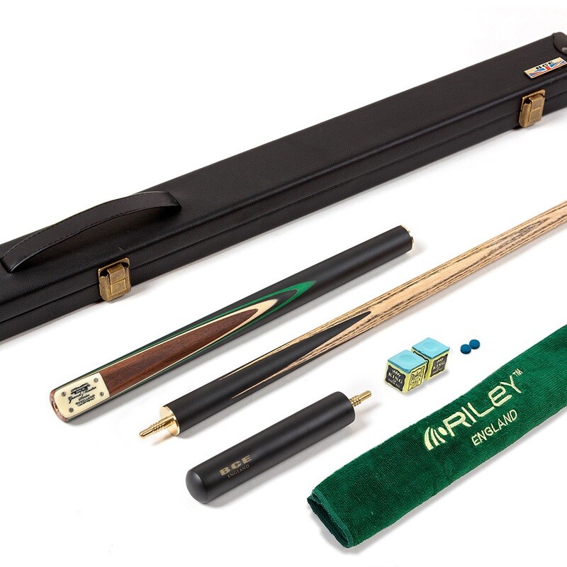 BCE 3 Piece Grand Master Snooker Cue and Hard Case 3/4 Cut- Layered Ebonised Black Wood Butt  - 9.5mm Tip - 145cm - Black/Natural/ Green