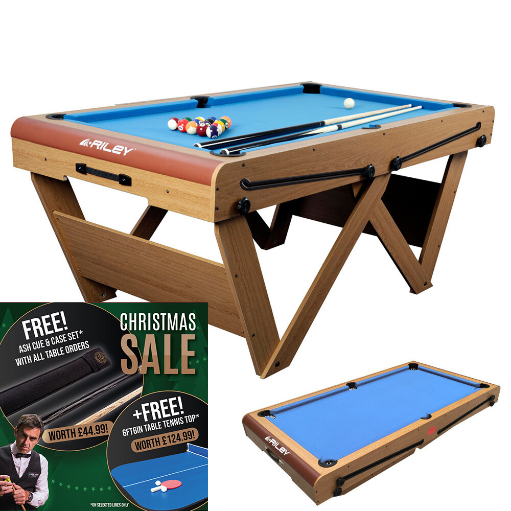 Riley Folding Snooker/ Pool Table Oak Finish with Blue Cloth 6ft Folds Flat