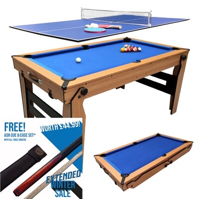 BCE Folding 2 in 1 Pool Table - Blue Cloth/ Oak Finish 5ft with Table Tennis Top - folds flat