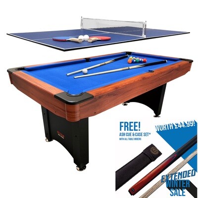 BCE 2 in 1 American Pool Table - Black/Wood Effect with Blue Cloth - 6ft - Fixed Leg - Includes Table Tennis Top