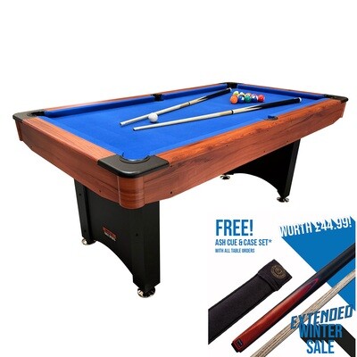BCE American Pool Table - Black/Wood Effect with Blue Cloth - 6ft - Fixed Leg