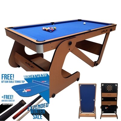 Riley Folding Pool Table with dartboard - 6ft - Vertical Folding - Beech Finish with Blue Cloth