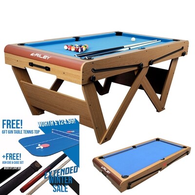Riley Folding Snooker/ Pool Table- Oak Finish with Blue Cloth - 6ft - Folds Flat
