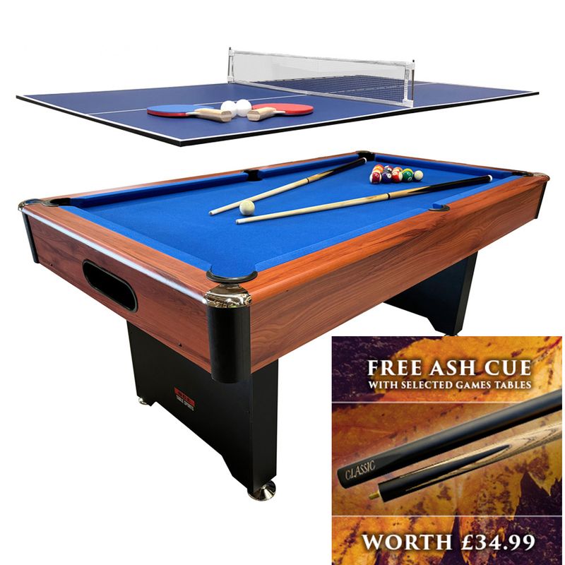 BCE 2 in 1 American Pool table - Black/Wood Effect with Blue Cloth - 6ft - Fixed Leg - Ball Return System - Includes Table Tennis Top