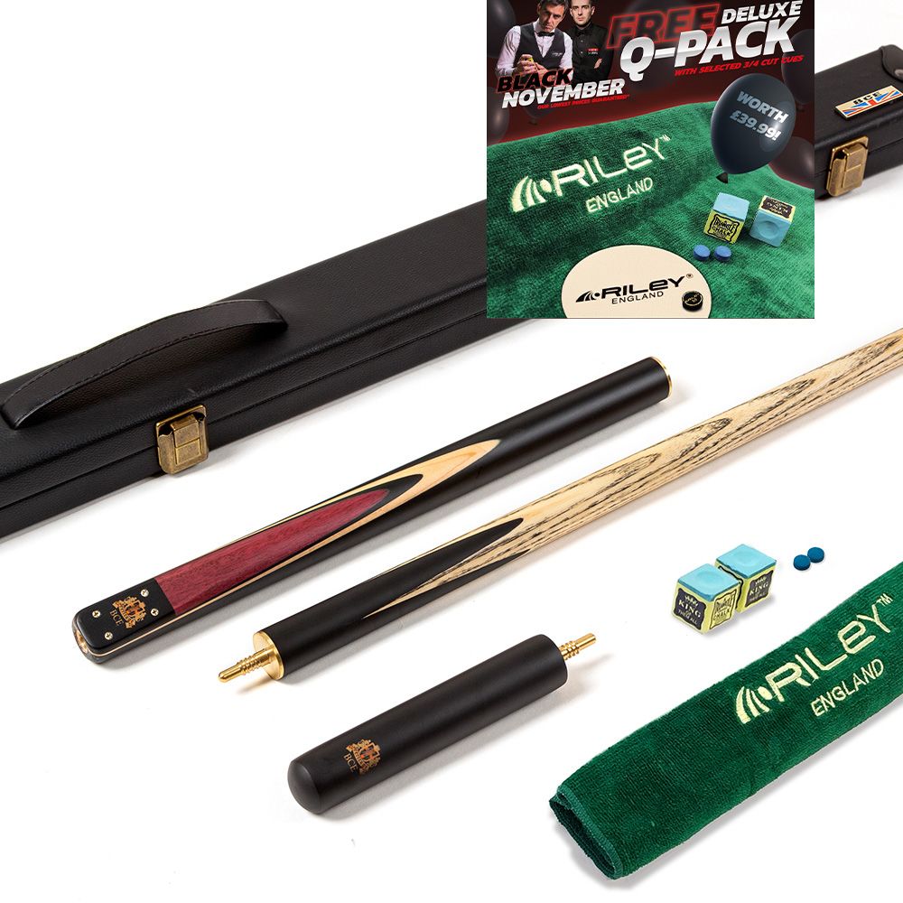 BCE 3 Piece Heritage Snooker Cue and Hard Case 3/4 Cut- Sapele Mahogany Butt - 9.5mm Tip - 145cm - Black/Natural/Purple