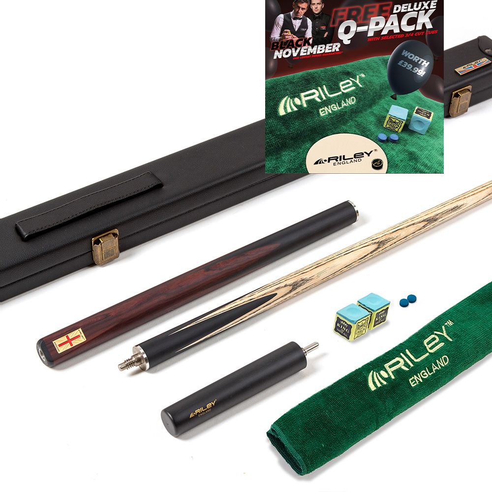 Riley England 3 Piece Snooker Cue and Hard Case 3/4 Cut- Layered Ebonised Black Wood Butt with 9.5mm Tip - 145cm - Black/ Dark Brown