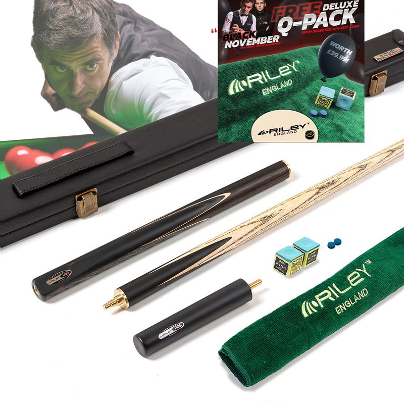 Riley Ronnie O&#39;Sullivan 3 Piece Snooker Cue and Hard Case 3/4 Cut- Ebony Butt- 9.5mm Tip - 145cm - Black/ Grey