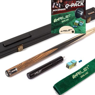 Riley Elegance - 2 Piece Snooker Cue and Hard Case - 1 Piece Cue - Ebony Butt- 9.5mm Laminated Tip - 145cm - Black/ Natural Golden Sandal 360˚ Splicing