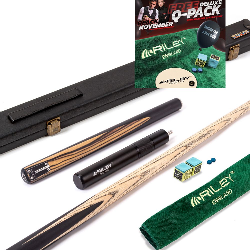 Riley Elegance - 3 Piece Snooker Cue and Hard Case 3/4 Cut- Ebony Butt- 9.5mm Laminated Tip - 145cm - Black/ Natural White Ebony Front Splice