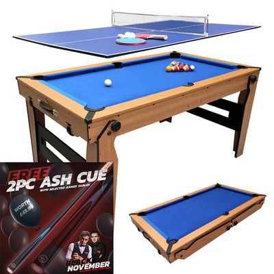 BCE Folding 2 in 1 Pool Table - Blue Cloth/ Oak Finish 5ft with Table Tennis Top - folds flat