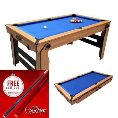 BCE 6ft Razor Folding Pool Table - Blue Cloth/ Oak Finish - Folds Flat - Free Table Tennis Top