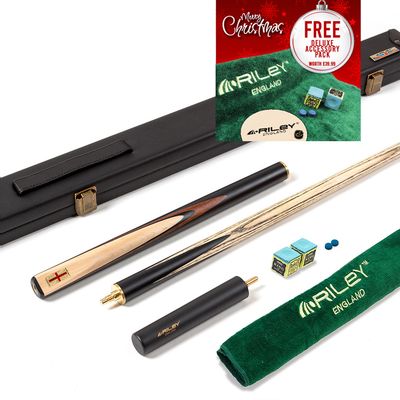 Riley England 3 Piece Snooker Cue and Hard Case 3/4 Cut- Layered Ebonised Black Wood Butt with 9.5mm Tip - 145cm - Black/ Maple Wood