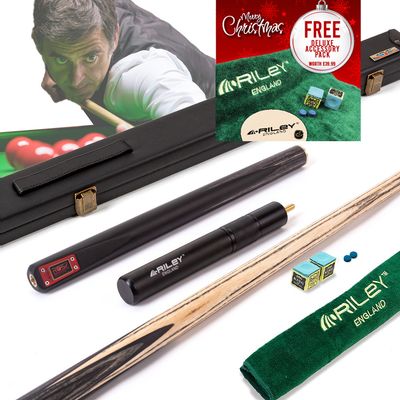 Riley ROS7 - Ronnie O&#39;Sullivan 3 Piece Snooker Cue and Hard Case 3/4 Cut- Layered Ebonised Black Wood Butt - 9.5mm Tip - 145cm - Black/ Grey/ Natural