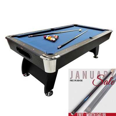 BCE 7ft Black Cat American Pool Table - Black/Wood Effect with Blue Cloth - Fixed Leg - Ball Return System