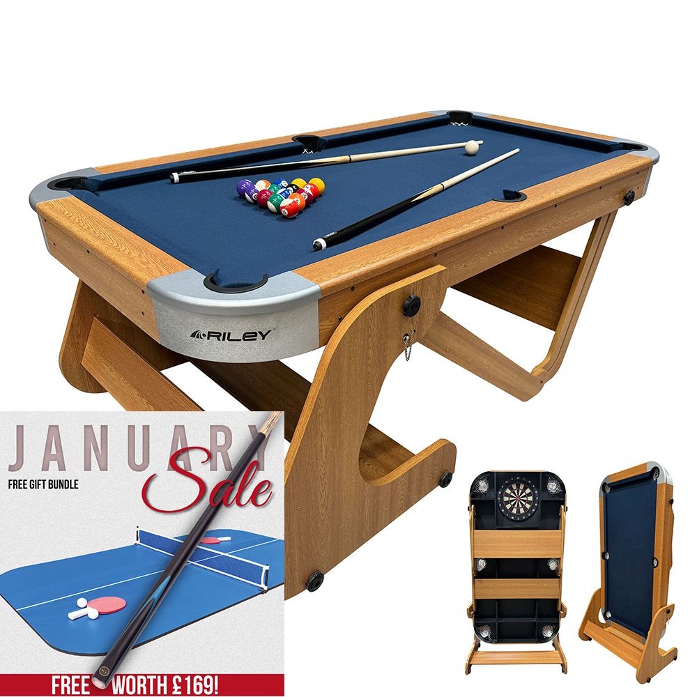 Riley 6ft 6in Supersize Folding Pool Table - Beech Finish with Blue Cloth - Folds Vertically - Free Table Tennis Top