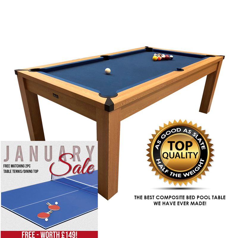 Riley 7ft Semi Pro American Pool Table - Oak with Blue Cloth - Metal Frame - Free Table Tennis/Dining Top, 2 Pc Table Top with Table Table Tennis Feature: FREE - Yes Please!