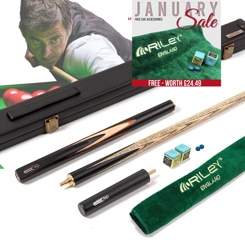 Riley Ronnie O&#39;Sullivan 3 Piece Snooker Cue and Hard Case 3/4 Cut- Layered Ebonised Black Wood Butt - 9.5mm Tip - 145cm - Black/ Tan/ Grey/ Natural