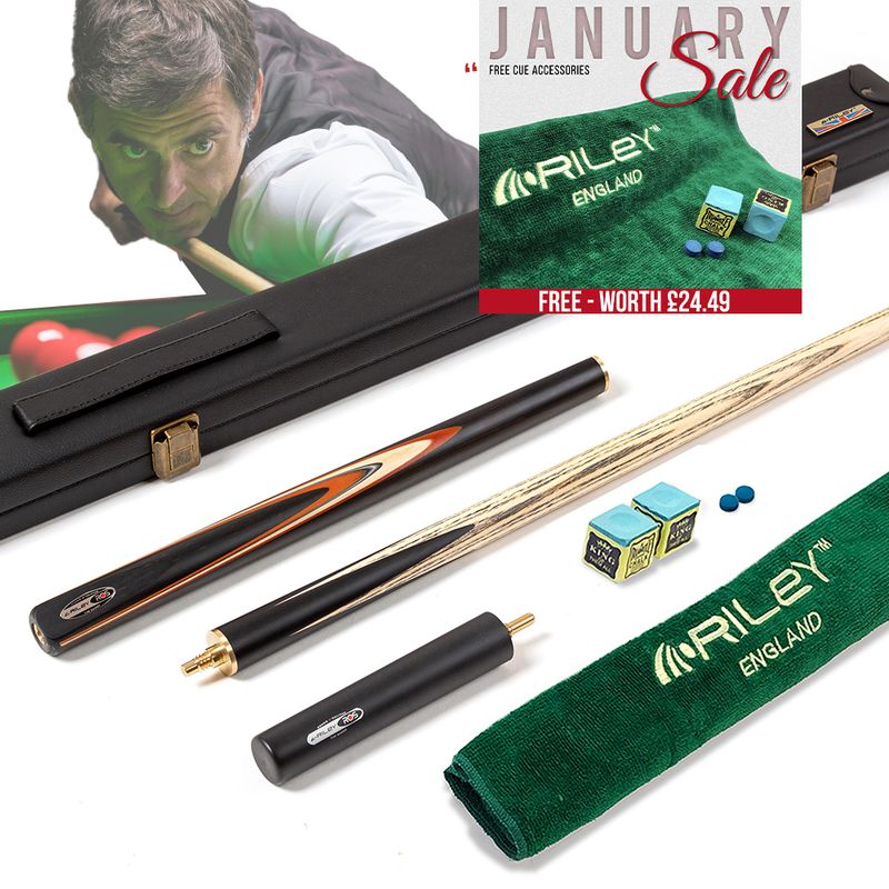 Riley Ronnie O&#39;Sullivan 3 Piece Snooker Cue and Hard Case 3/4 Cut- Layered Ebonised Black Wood Butt - 9.5mm Tip - 145cm - Black/ Tan/ Natural Wood