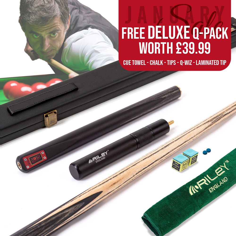 Riley ROS7 - Ronnie O&#39;Sullivan 3 Piece Snooker Cue and Hard Case 3/4 Cut- Layered Ebonised Black Wood Butt - 9.5mm Tip - 145cm - Black/ Grey/ Natural