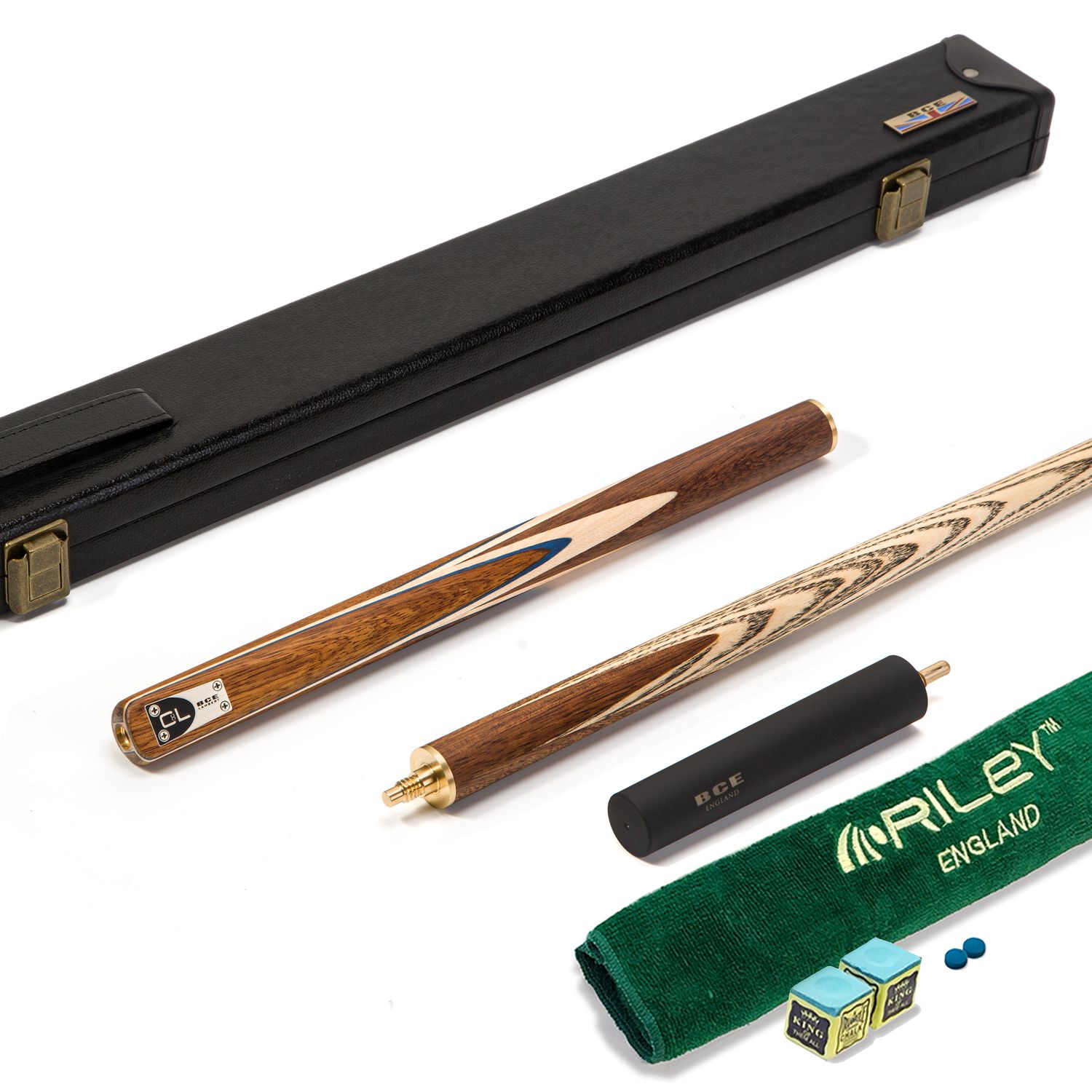 BCE C8L - 3 Piece English Pool Cue 3/4 Cut - Exotic Wood Butt with 9mm Tip - 145cm - Blue/ Natural Wood - with Deluxe Hard Case