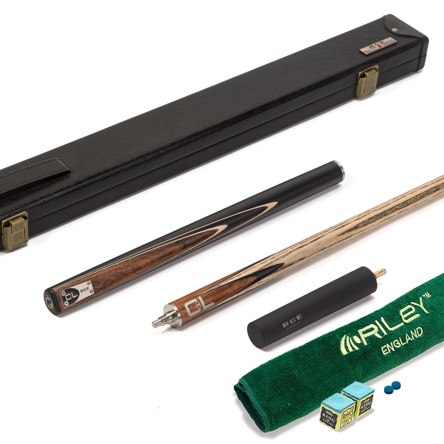 BCE C8L - 3 Piece English Pool Cue 3/4 Cut - Layered Ebonised Black Wood Butt with 9mm Tip - 145cm - Black/ Dark Wood - with Deluxe Hard Case