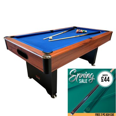 BCE 6ft American Pool Table - Black/Wood Effect with Blue Cloth - Fixed Leg - Ball Return System