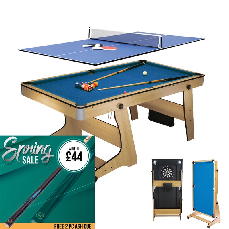 BCE 6ft Folding 3 in 1 Pool Table with Table Tennis Top and Dartboard - Blue Cloth/ Beech Finish - Folds Vertically