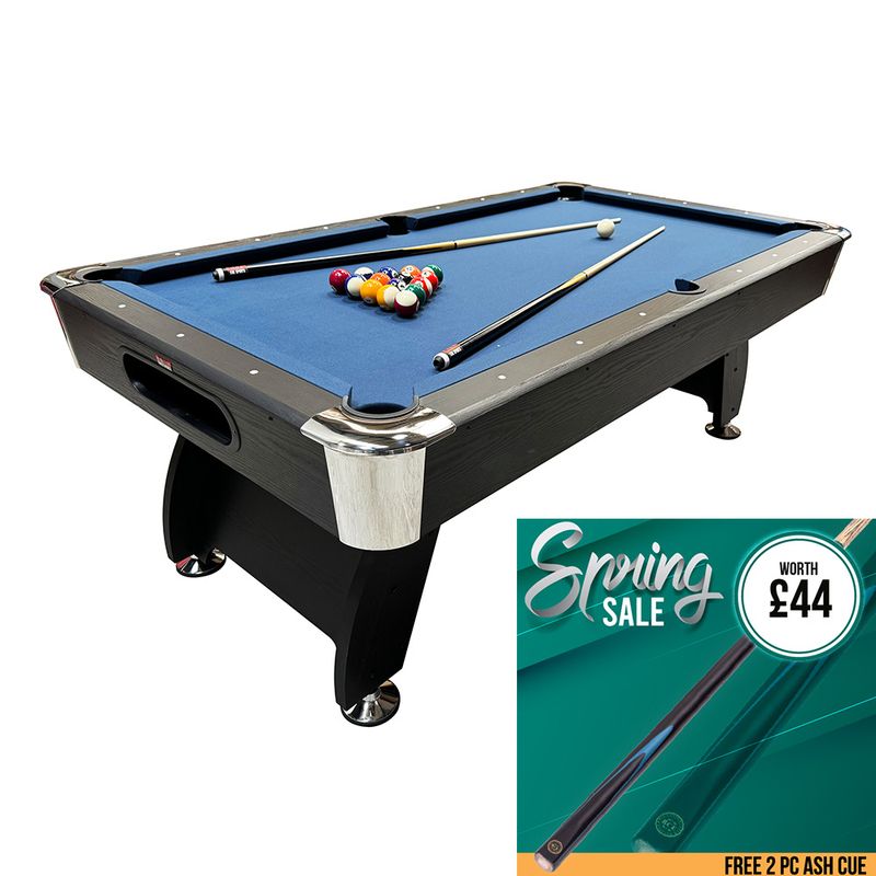 BCE 7ft Black Cat American Pool Table - Black/Wood Effect with Blue Cloth - Fixed Leg - Ball Return System