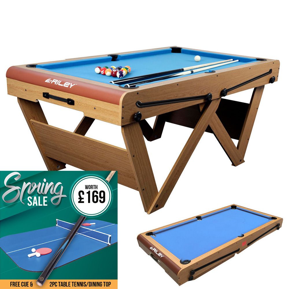 Riley 6ft Folding Snooker and Pool Table - Oak Finish with Blue Cloth - Folds Flat