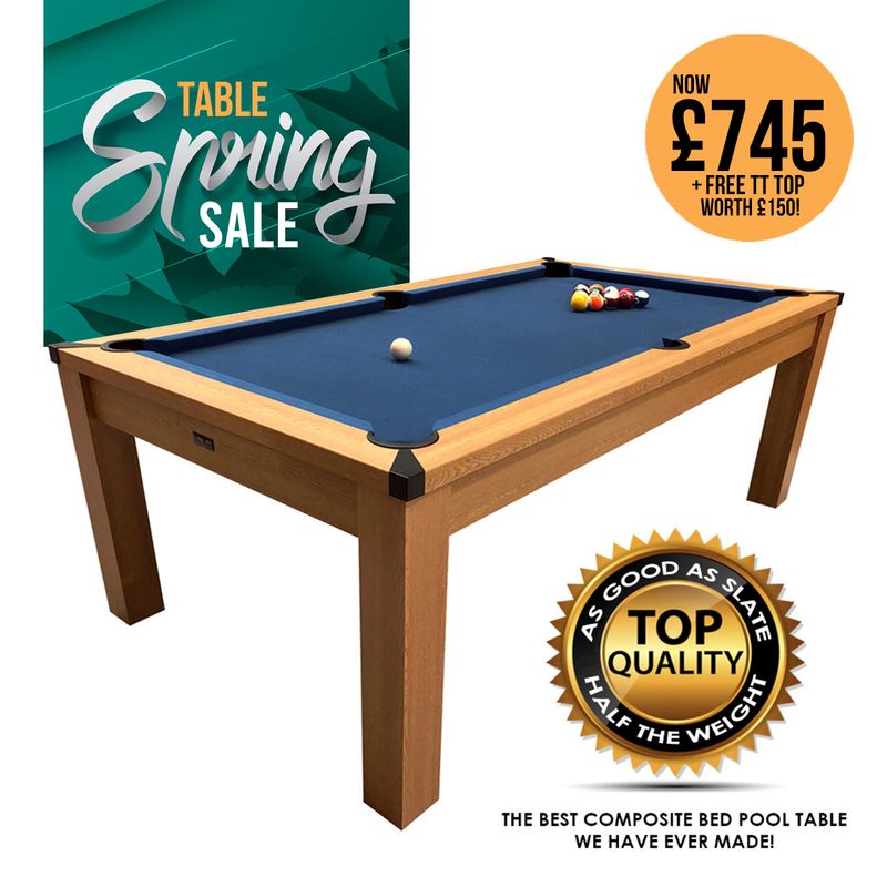 Riley 7ft Semi Pro American Pool Table - Oak with Blue Cloth - Metal Frame - Free Table Tennis/Dining Top, 2 Pc Table Top with Table Table Tennis Feature: FREE - Yes Please!