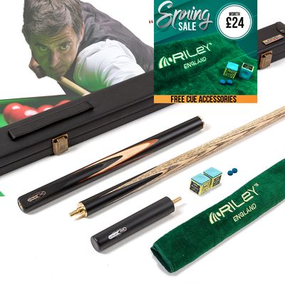 Riley Ronnie O&#39;Sullivan 3 Piece Snooker Cue and Hard Case 3/4 Cut- Layered Ebonised Black Wood Butt - 9.5mm Tip - 145cm - Black/ Tan/ Grey/ Natural