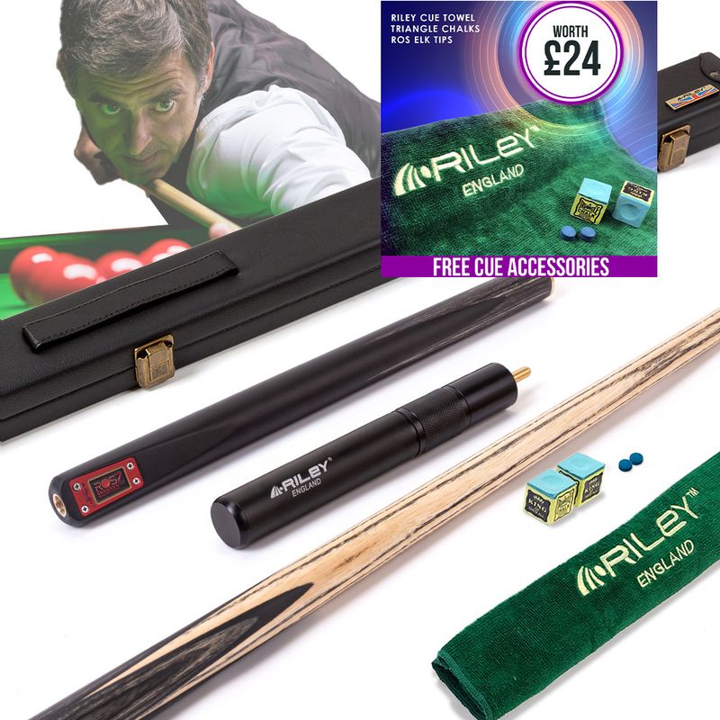 Riley ROS7 - Ronnie O'Sullivan 3 Piece Snooker Cue and Hard Case 3/4 Cut- Layered Ebonised Black Wood Butt - 9.5mm Tip - 145cm - Black/ Grey/ Natural Riley ROS7 - Ronnie O'Sullivan 3 Piece Snooker Cue and Hard Case 3/4 Cut- Layered Ebonised Black Wood Butt - 9.5mm Tip - 145cm - Black/ Grey/ Natural