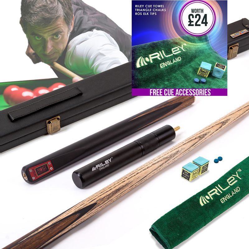 Riley ROS7 - Ronnie O'Sullivan 3 Piece Snooker Cue and Hard Case 3/4 Cut- Layered Ebonised Black Wood Butt - 9.5mm Tip - 145cm - Black/ Natural Teak Wood Riley ROS7 - Ronnie O'Sullivan 3 Piece Snooker Cue and Hard Case 3/4 Cut- Layered Ebonised Black Wood Butt - 9.5mm Tip - 145cm - Black/ Natural Teak Wood