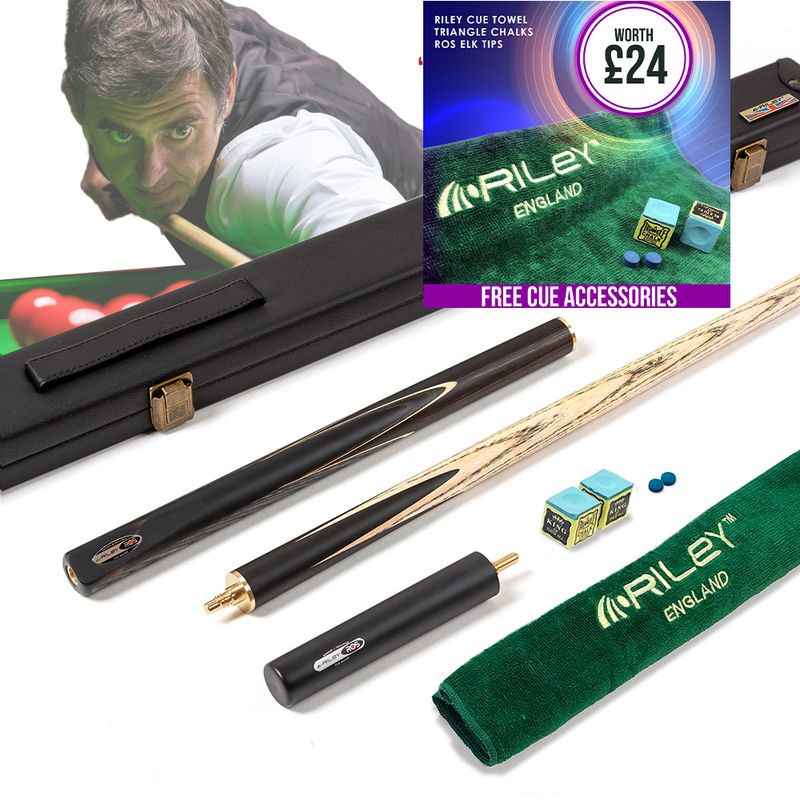 Riley Ronnie O'Sullivan 3 Piece Snooker Cue and Hard Case 3/4 Cut- Layered Ebonised Black Wood Butt - 9.5mm Tip - 145cm - Black/ Grey Riley Ronnie O'Sullivan 3 Piece Snooker Cue and Hard Case 3/4 Cut- Layered Ebonised Black Wood Butt - 9.5mm Tip - 145cm - Black/ Grey