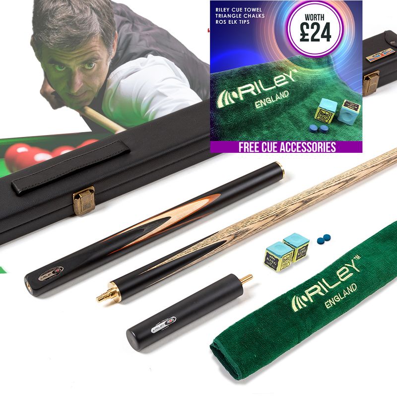Riley Ronnie O'Sullivan 3 Piece Snooker Cue and Hard Case 3/4 Cut- Layered Ebonised Black Wood Butt - 9.5mm Tip - 145cm - Black/ Tan/ Grey/ Natural Riley Ronnie O'Sullivan 3 Piece Snooker Cue and Hard Case 3/4 Cut- Layered Ebonised Black Wood Butt - 9.5mm Tip - 145cm - Black/ Tan/ Grey/ Natural