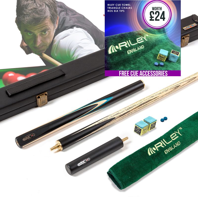 Riley Ronnie O'Sullivan 3 Piece Snooker Cue and Hard Case 3/4 Cut- Layered Ebonised Black Wood Butt - 9.5mm Tip - 145cm - Black/ Green/ Natural Wood Riley Ronnie O'Sullivan 3 Piece Snooker Cue and Hard Case 3/4 Cut- Layered Ebonised Black Wood Butt - 9.5mm Tip - 145cm - Black/ Green/ Natural Wood
