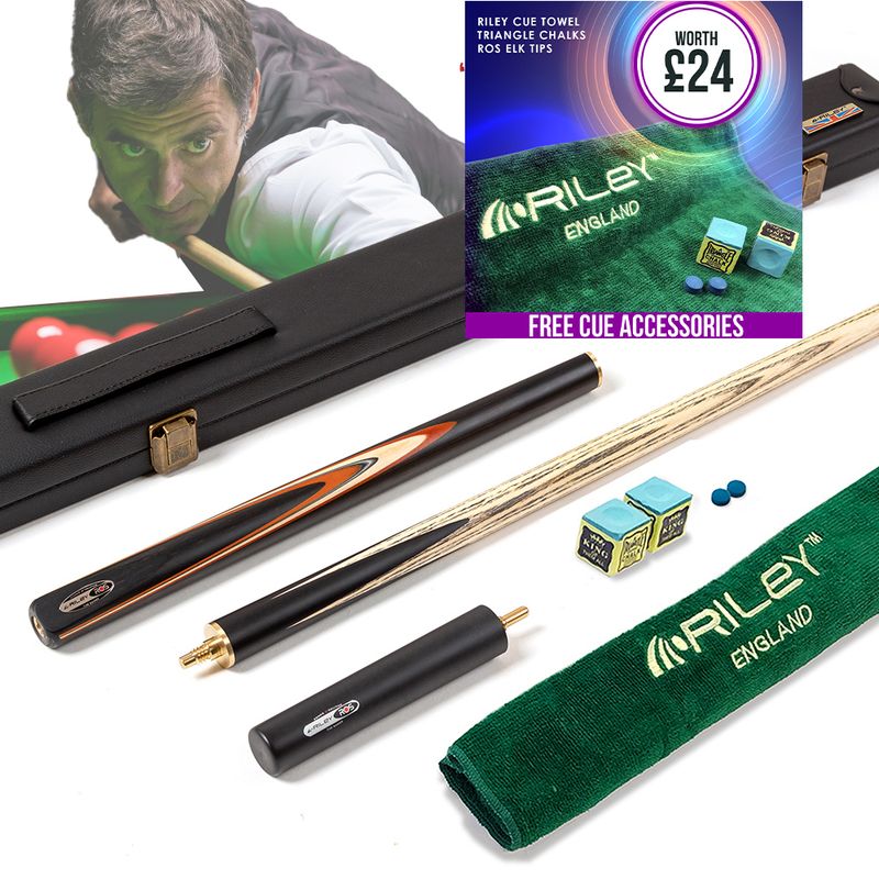 Riley Ronnie O'Sullivan 3 Piece Snooker Cue and Hard Case 3/4 Cut- Layered Ebonised Black Wood Butt - 9.5mm Tip - 145cm - Black/ Tan/ Natural Wood Riley Ronnie O'Sullivan 3 Piece Snooker Cue and Hard Case 3/4 Cut- Layered Ebonised Black Wood Butt - 9.5mm Tip - 145cm - Black/ Tan/ Natural Wood