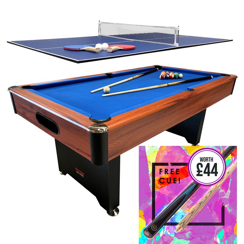 BCE 6ft 2 in 1 American Pool Table with Table Tennis Top - Black/Wood Effect with Blue Cloth - Fixed Leg - Ball Return System