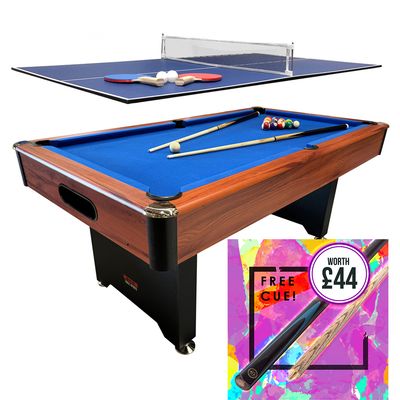 BCE 6ft 2 in 1 American Pool Table with Table Tennis Top - Black/Wood Effect with Blue Cloth - Fixed Leg - Ball Return System