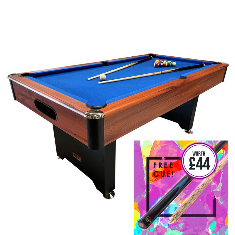 BCE 6ft American Pool Table - Black/Wood Effect with Blue Cloth - Fixed Leg - Ball Return System