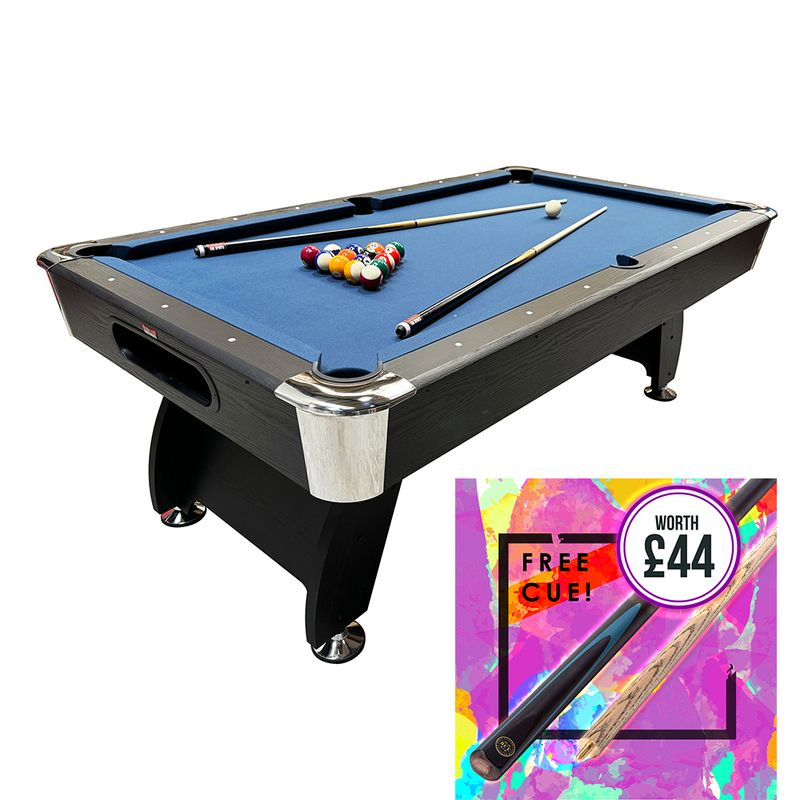 BCE 7ft Black Cat American Pool Table - Black/Wood Effect with Blue Cloth - Fixed Leg - Ball Return System