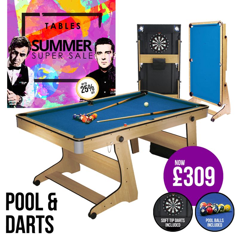 BCE 6ft Folding 2 in 1 Pool Table with Dartboard - Blue Cloth/ Beech Finish - Folds Vertically