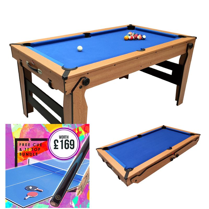 BCE 6ft Razor Folding Pool Table - Blue Cloth/ Oak Finish - Folds Flat - Free Table Tennis Top