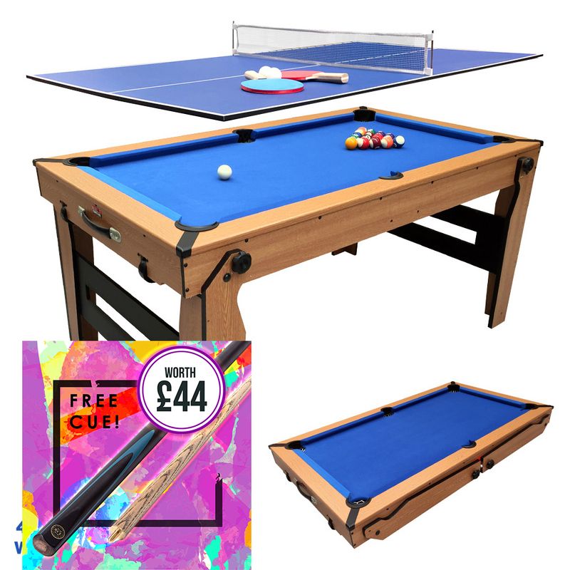 BCE 5ft Razor Folding 2 in 1 Pool Table with Table Tennis Top - Blue Cloth/ Oak Finish - Folds Flat