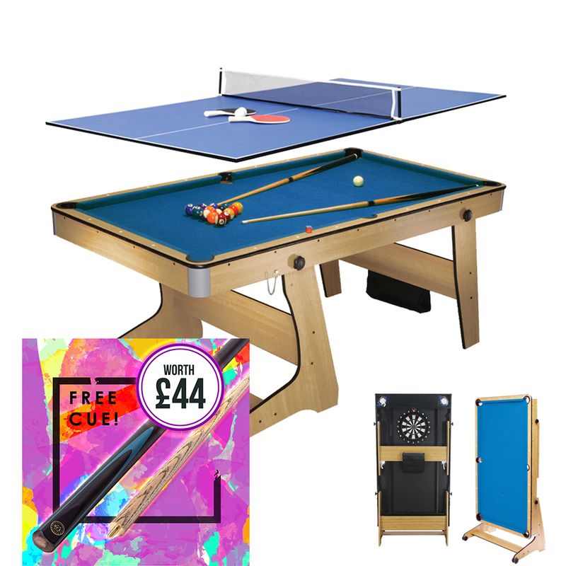 BCE 6ft Folding 3 in 1 Pool Table with Table Tennis Top and Dartboard - Blue Cloth/ Beech Finish - Folds Vertically